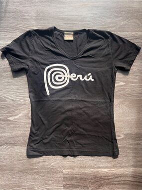 Women's Black V-Neck Tee with White 'Peru' Graphic